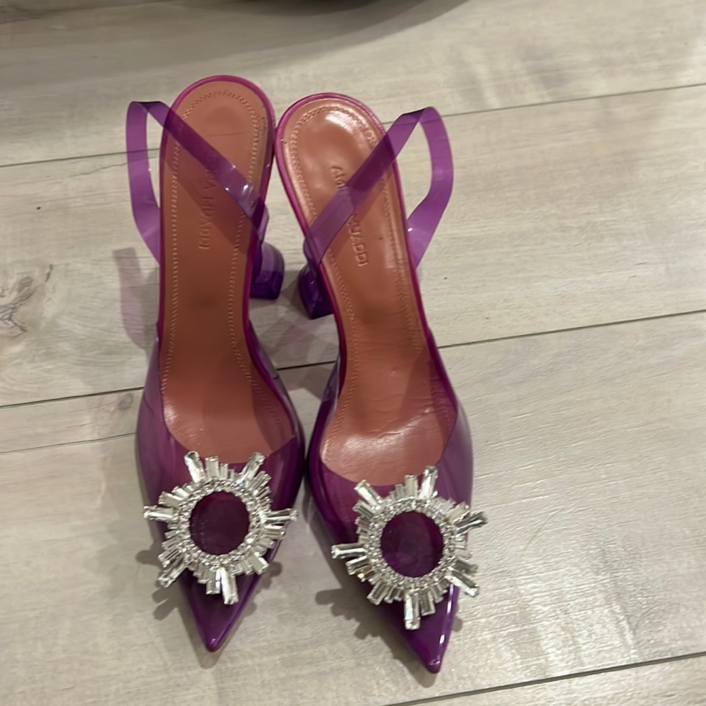 Amina muaddi size 37 purple pvc crystal embellished begum sling back pumps